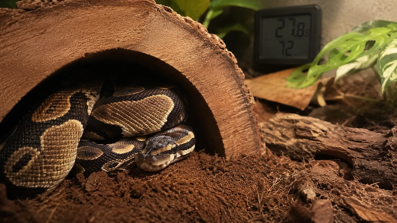 A juvenile ball python coiled inside a humid hide in a dimly lit enclosure.