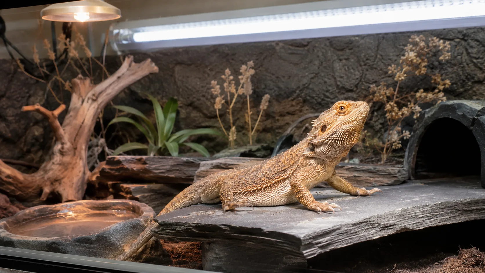 An adult bearded dragon basking on a slate ledge under a T5 UVB tube in a well-furnished bioactive enclosure.