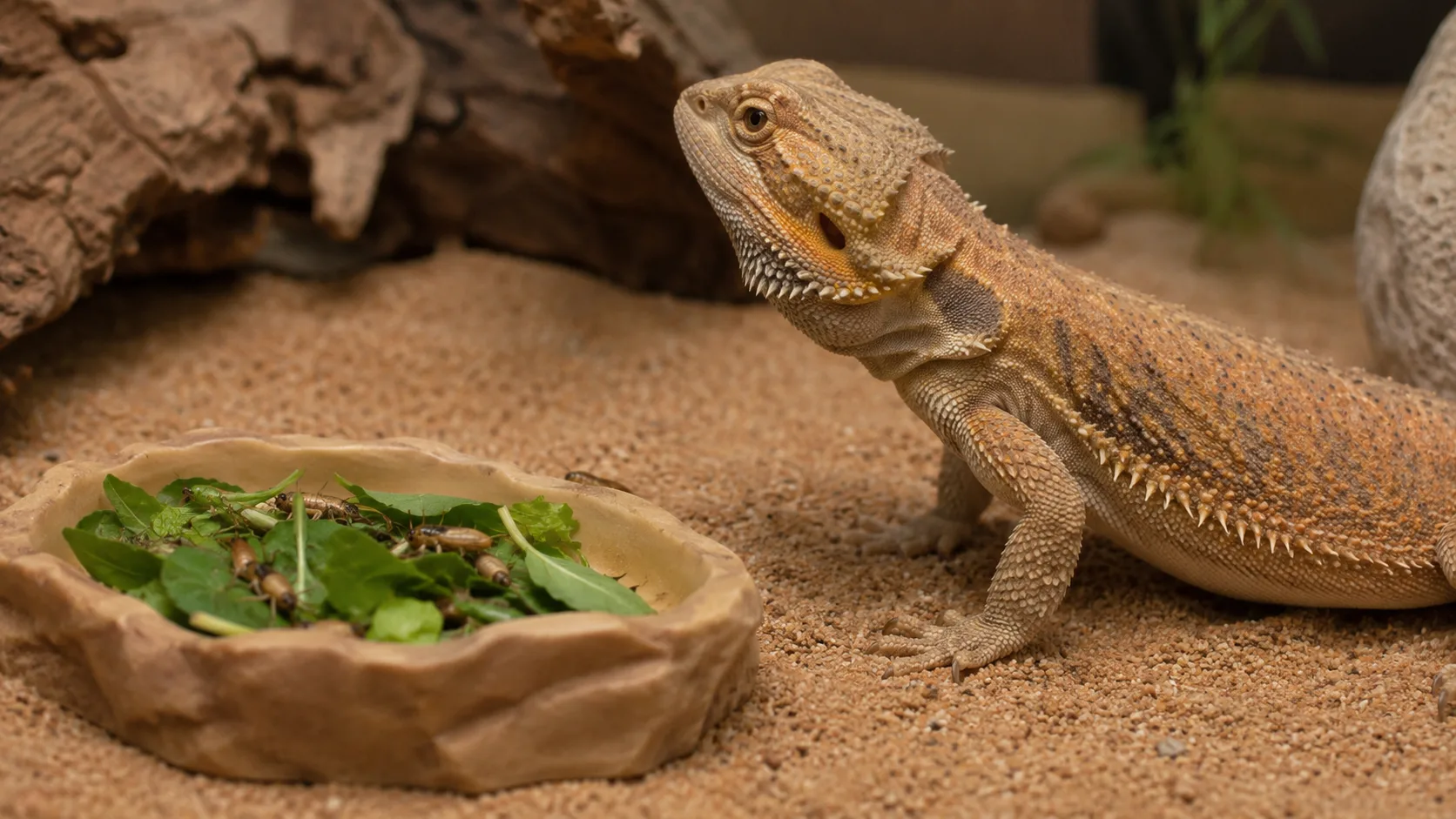 An adult bearded dragon sitting beside an untouched bowl of leafy greens and crickets inside its terrarium.