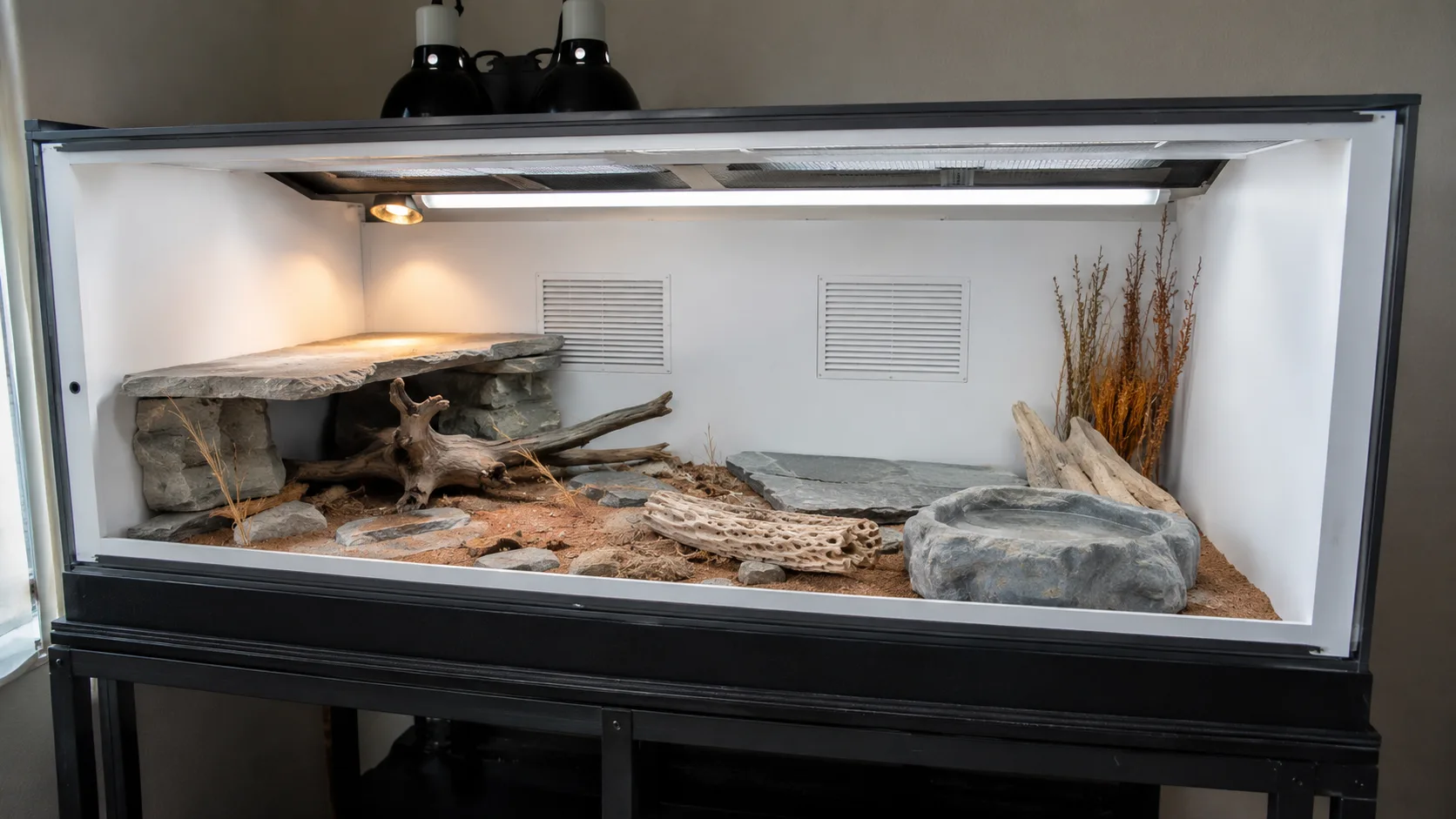 A 4×2×2 ft PVC bearded dragon enclosure on a stand with bird's-eye view showing basking ledge, cool side and UVB tube along the back.