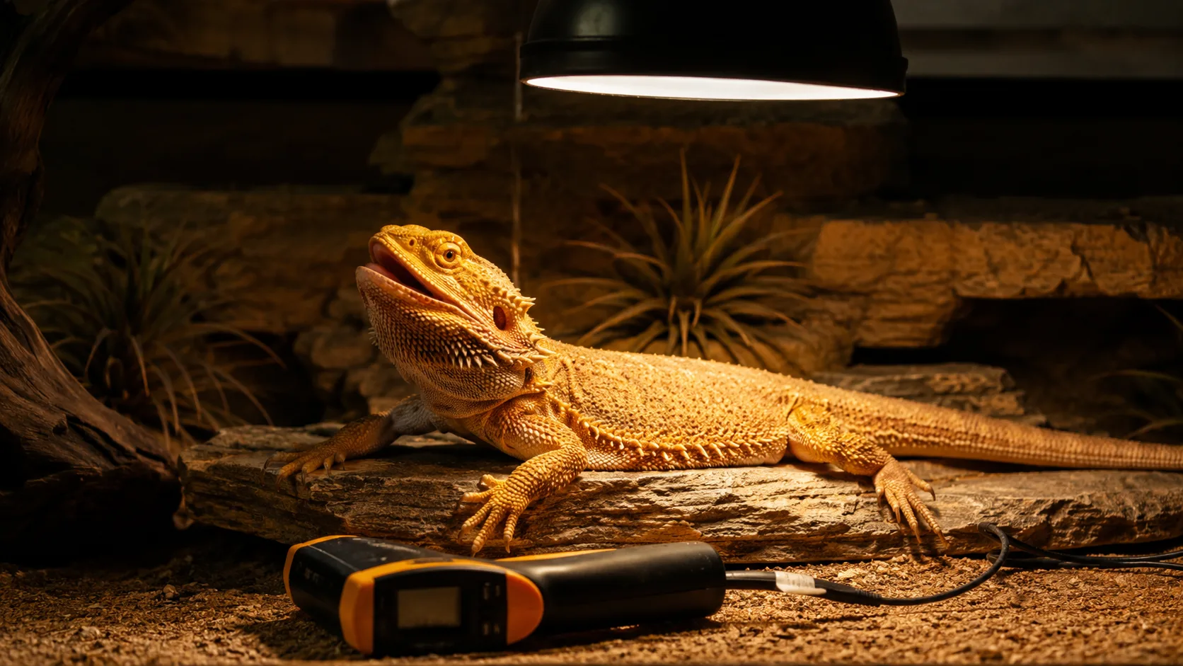 An adult bearded dragon basking on a slate ledge directly under a halogen flood bulb, with a digital infrared thermometer beside the basking spot.