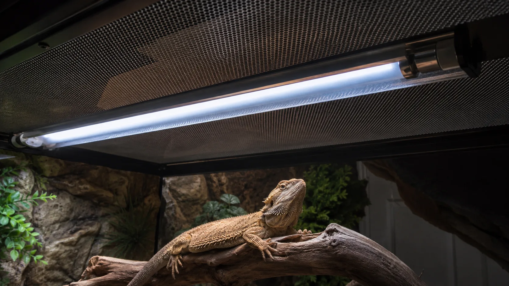 A bearded dragon basking on a branch beneath a long linear T5 UVB tube mounted inside the enclosure.