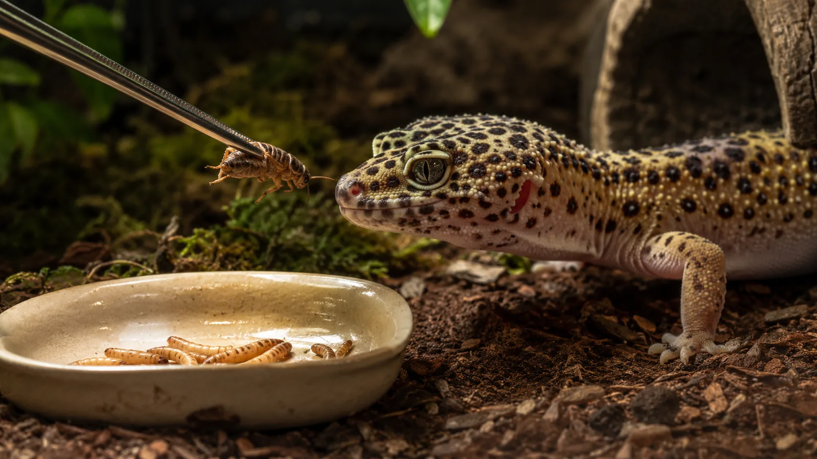 An adult leopard gecko being offered a dubia roach from feeding tongs above a shallow ceramic dish.