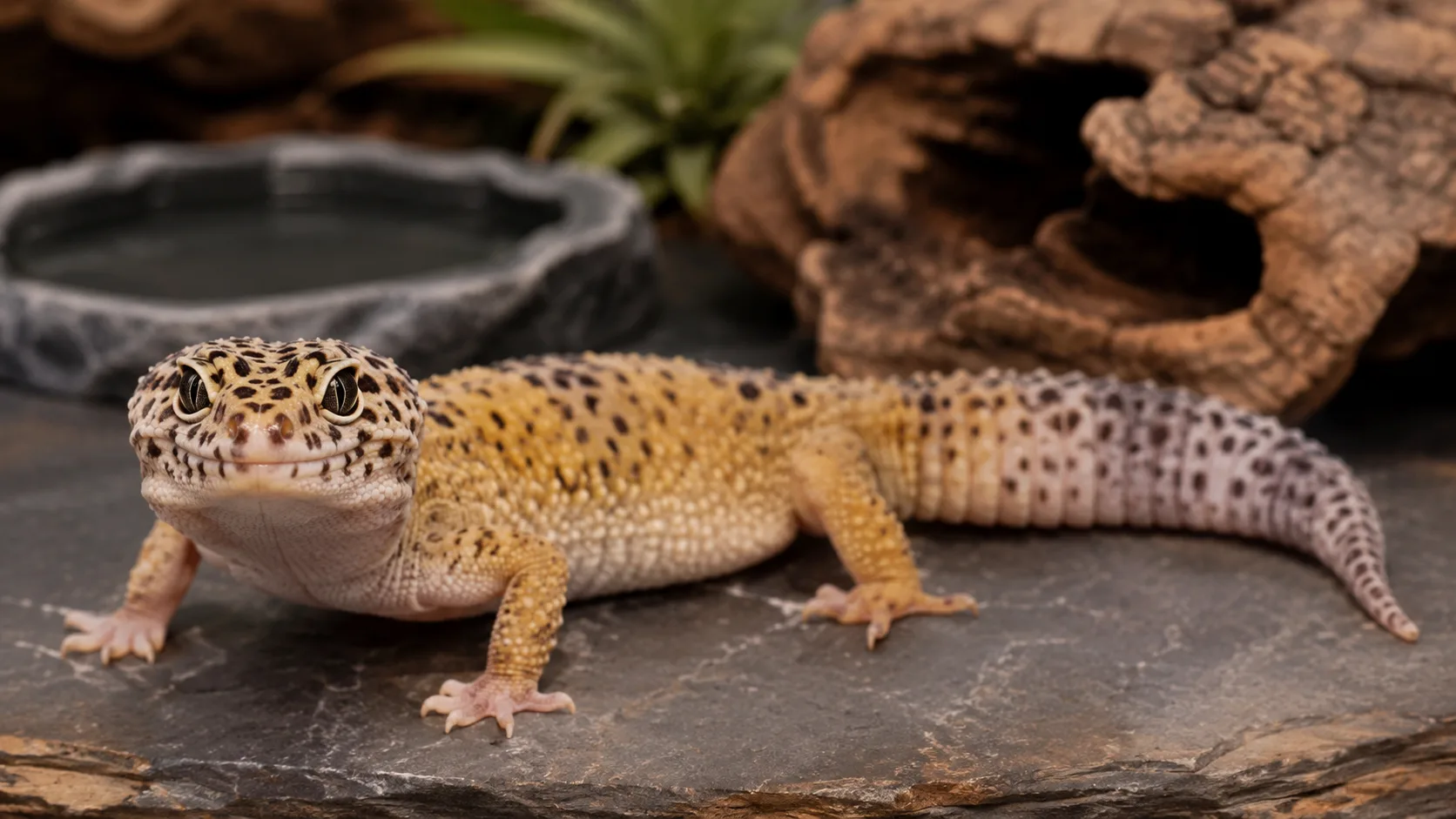 A clearly older adult leopard gecko with calm posture resting on a warm slate tile inside a well-furnished terrarium.