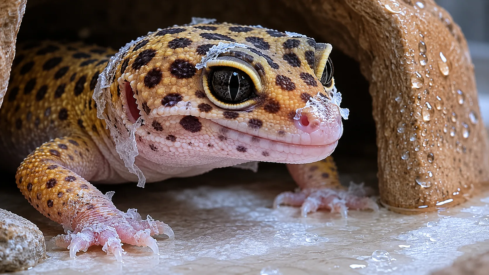 A leopard gecko with patches of retained whitish skin on its toes sitting inside a humid hide.