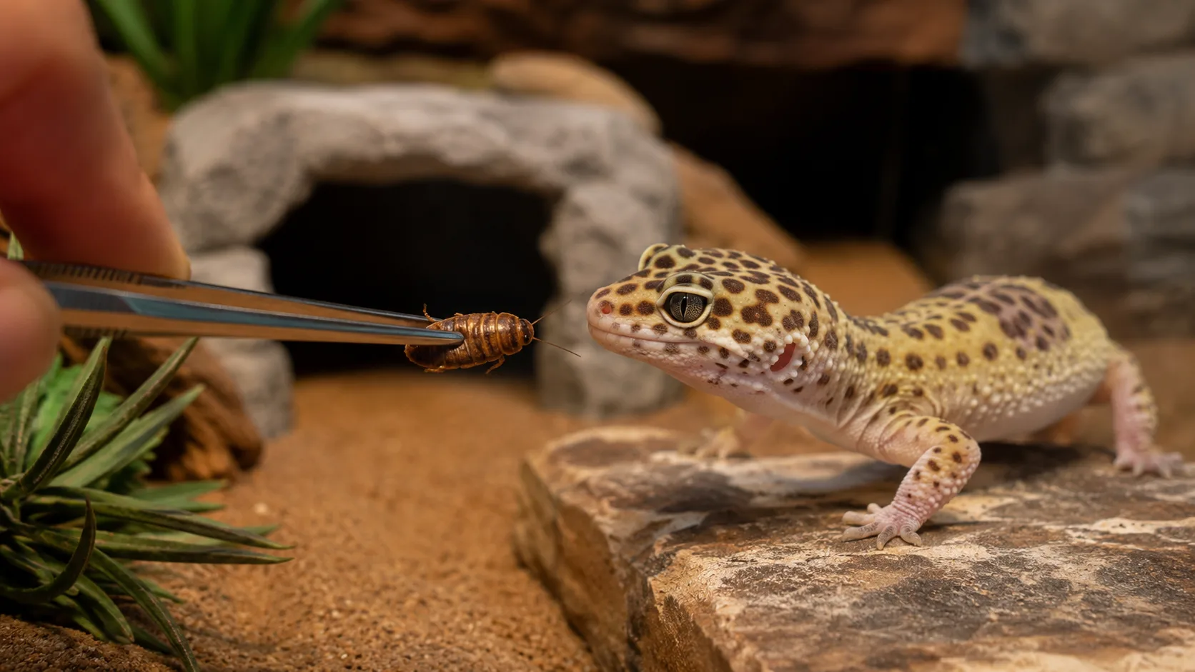 A keeper offering a single appropriately-sized insect to an adult leopard gecko with feeding tongs.