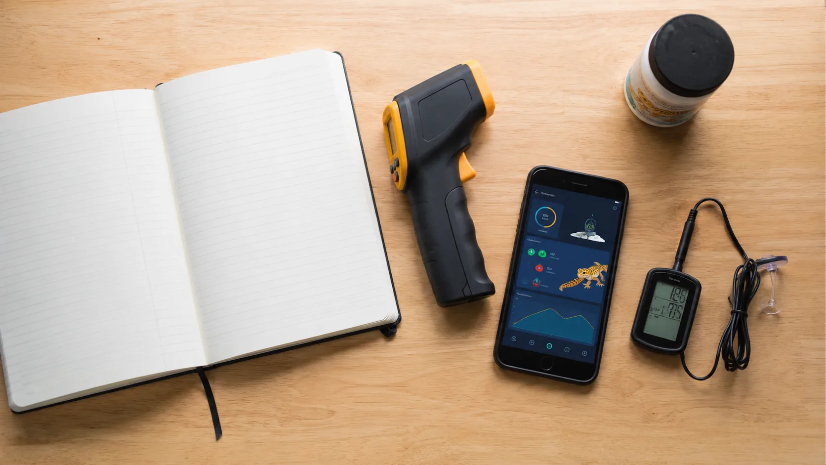 An open reptile husbandry notebook on a desk with a thermometer and a phone showing a tracking app side by side.