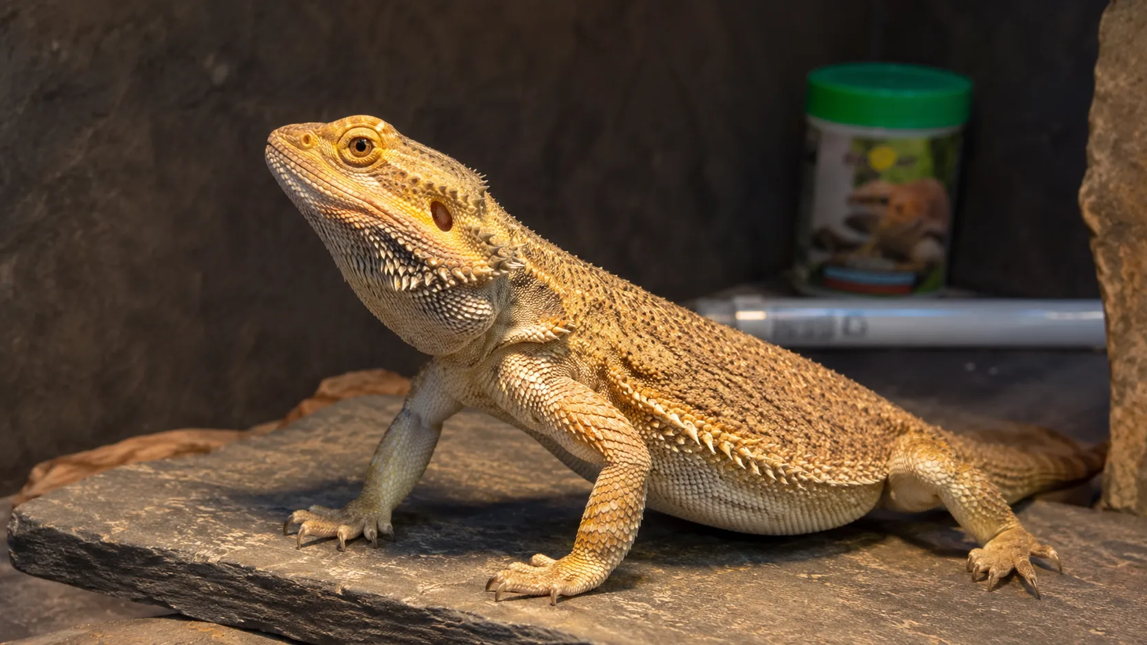 An adult bearded dragon held during a vet examination, with a vet gently palpating the lower jaw for signs of softness.