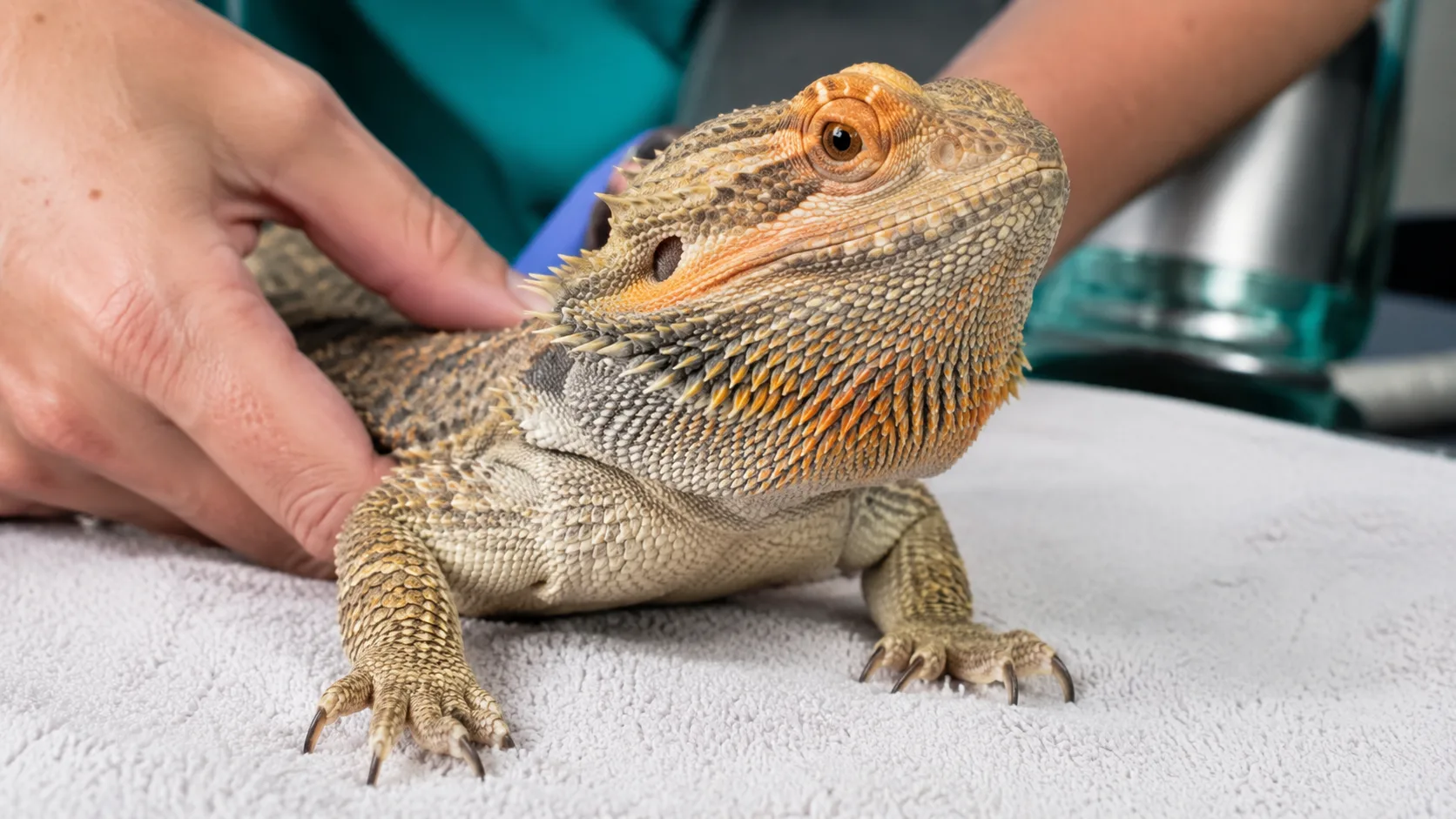 A reptile gently held on an exam towel during a routine veterinary wellness check.